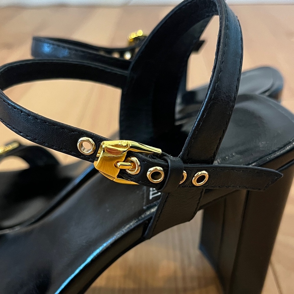 Jeffrey Campbell Black Leather Ankle-Strap Heels with Gold Hardware - Picture 3 of 6